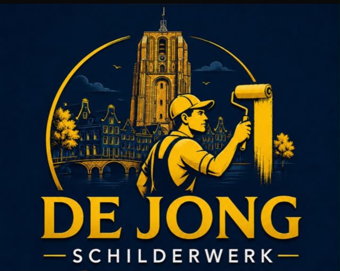 Logo De Jong Schilderwerk met de Oldehove-toren en een schilder met verfroller
