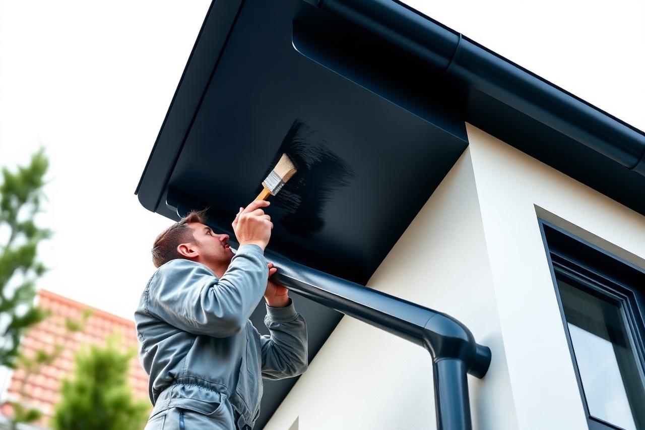 Schilder brengt een beschermende coating aan op een dakgoot