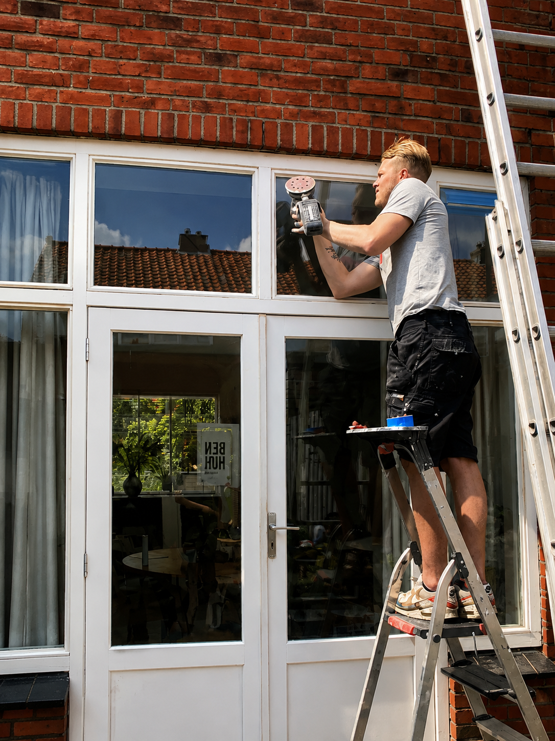 Schilder van De Jong Schilderwerk schuurt de kozijnen boven een openslaande tuindeur