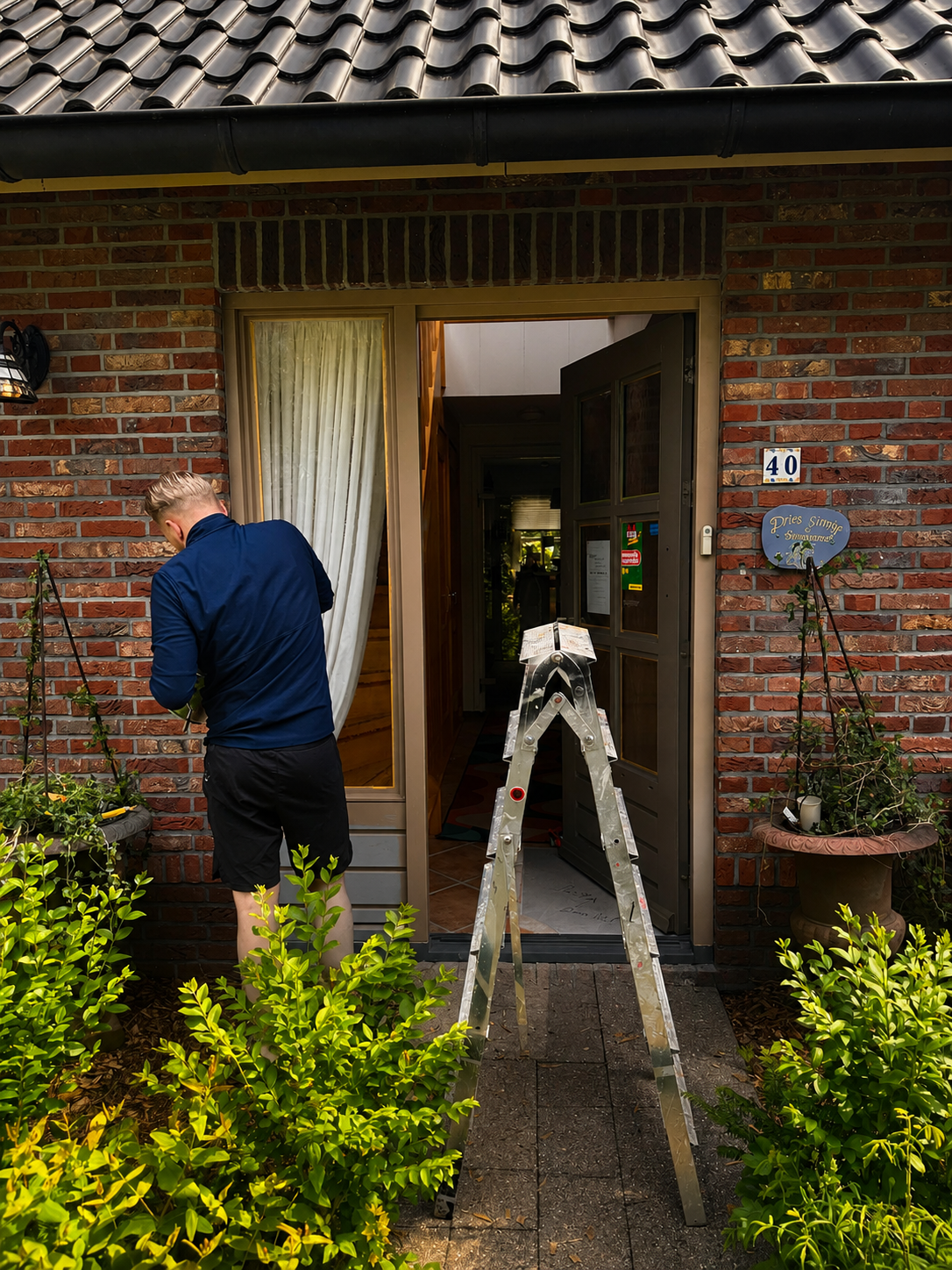 Schilder van De Jong Schilderwerk aan het werk bij de entree van het pension
